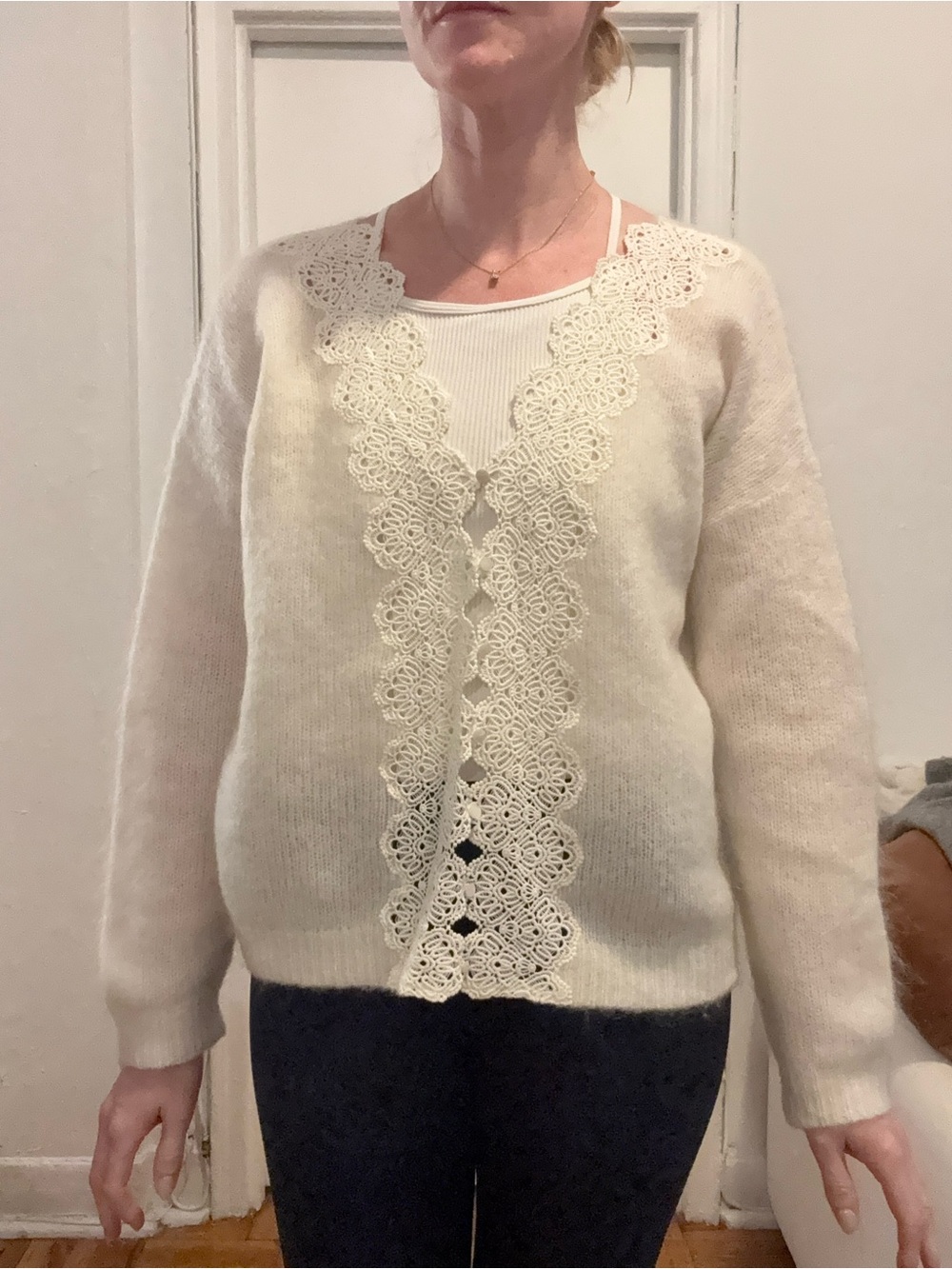 Sezane Ivory Lace-Trim Mohair Cardigan